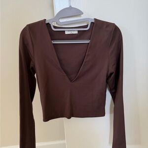 Babaton Chocolate Brown V-Neck Crop Top